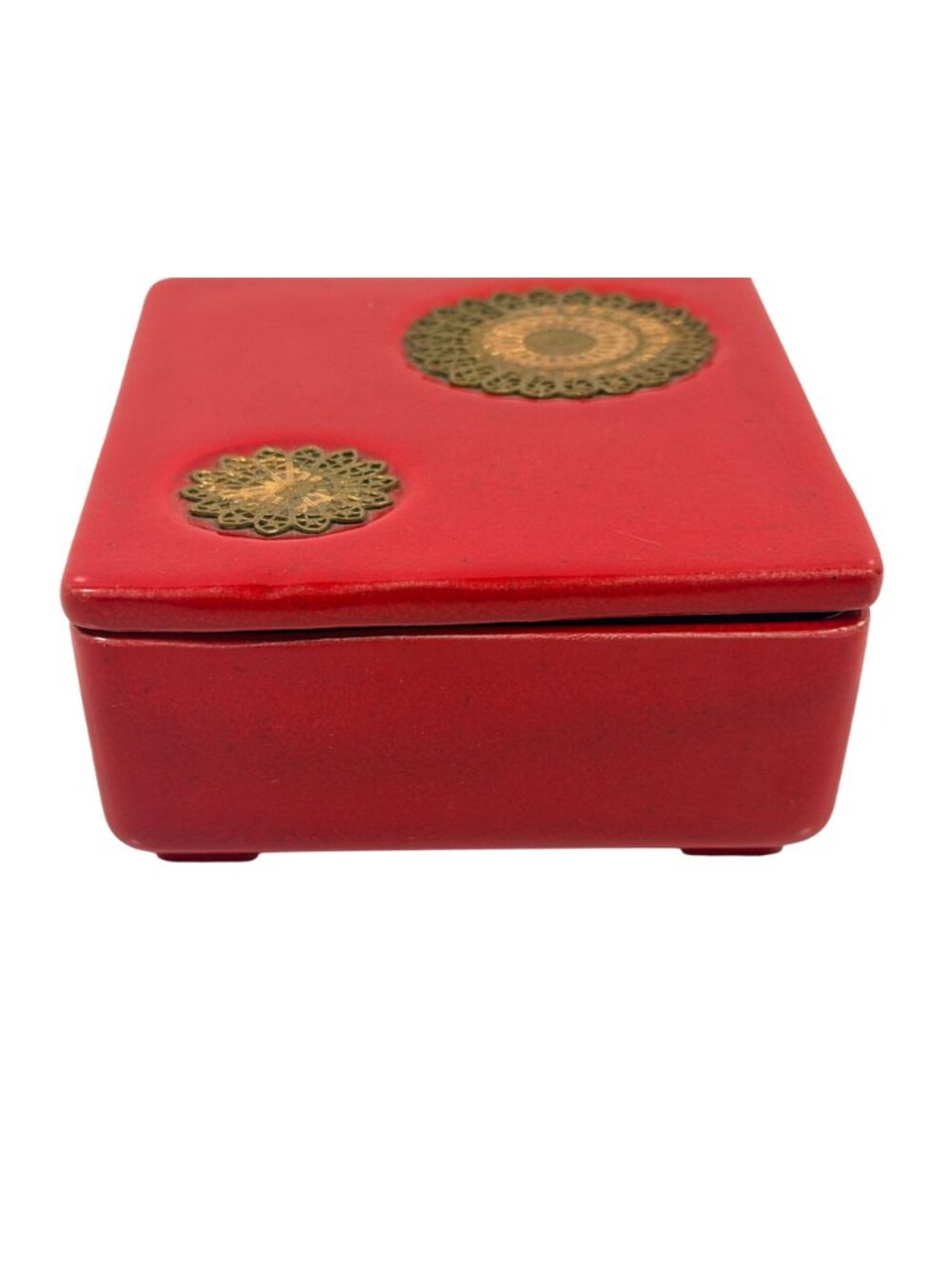 RARE Vintage Royal Haeger Red Dresser Trinket Box Brass Mandalla Accents R1688-S - Picture 9 of 9